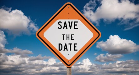 Naklejka premium save the date text on road sign with clouds and sky background