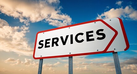 Obraz premium Services text on road sign with clouds and sky background