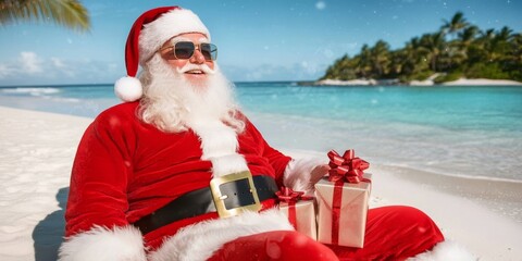 Santa Claus relaxing on the beach wearing sunglasses, surrounded by gifts, embodying the fusion of holiday spirit and tropical getaway vibes.