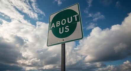 about us text on road sign with clouds and sky background