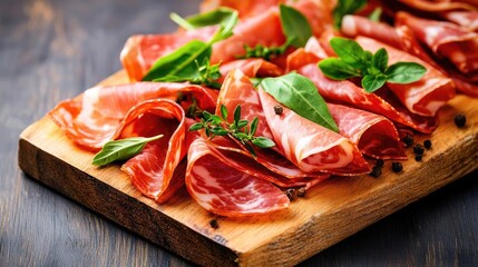 Sliced cured meats arranged on a wooden board with fresh herbs.