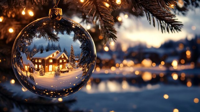 An elegant ornament displays a snowy village scene, depicting illuminated houses and trees, reflecting the serene beauty and warmth of a festive winter night.