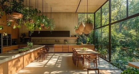 Fototapeta premium A sunlit, modern kitchen with wooden cabinets and concrete walls adorned by lush greenery