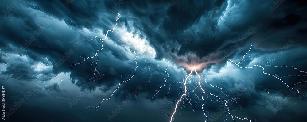 Poster dramatic thunderstorm with lightning and dark clouds, nature's powerful display.