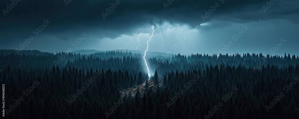 Poster dramatic storm sky with lightning over a dense forest landscape, creating a moody atmosphere.