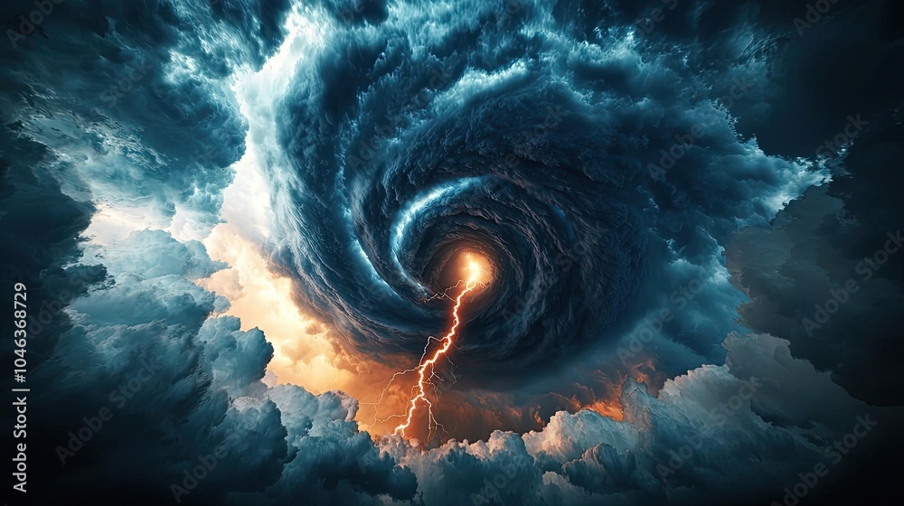 Poster a dramatic swirl of dark clouds with a lightning bolt illuminating the scene.