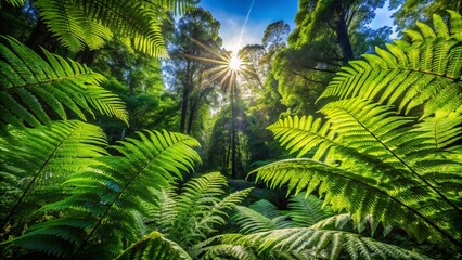 Breathtaking Panoramic View of a Lush Fern Forest with Sunlight Filtering Through Leaves, Nature's Serenity Captured in High-Resolution Photography