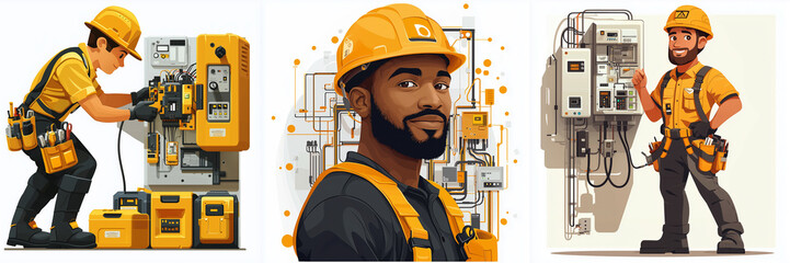 Set of pictures with an electrician. Popular working profession. Safety precautions when working with electrical systems.