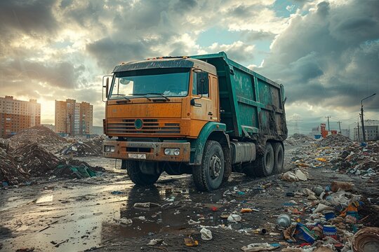 Dump truck is parked in a trash-filled lot. The truck is yellow and green