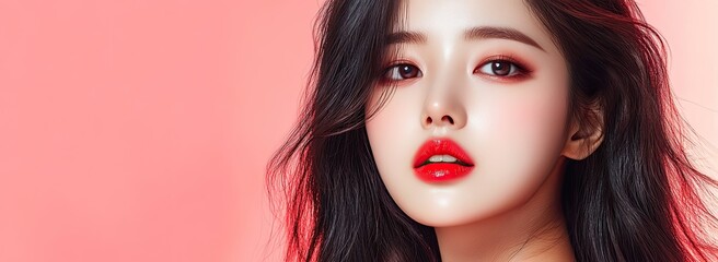 Fototapeta premium Beautiful Korean female model with long hair, red lips, and a pink background. Ample copy space for text, suitable for banner design.