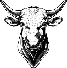 Naklejka premium Close-up black and white illustration of a bull's face with horns.