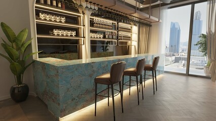 Cozy interior of restaurant with warm blue marble counter with wooden Comfortable modern dining space, hanging lamp and other aesthetically pleasing contemporary design elements. 3D Rendering