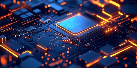 A futuristic computer chip with glowing lights is shown against a blue background. This represents the powerful processing capabilities of a quantum computer, used for handling large amounts of data.