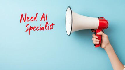 Hand holding a red megaphone against a blue background with text 'Need AI Specialist' written beside. Concept of hiring and announcement.