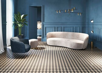 Modern villa living room design interior, beige furniture, colored walls, marble flooring, white comfy sofa, armchair with lamp. Concept of relax. Mock up. 3D Illustrations. 3D Rendering © Jenish