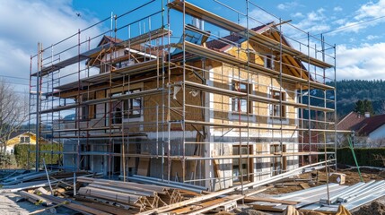 Exterior view of a new house in scaffolding under construction and painting.