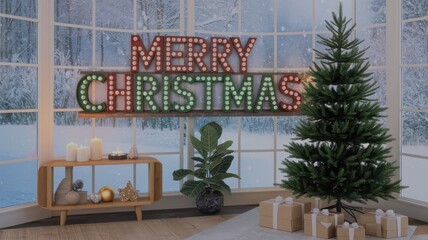 Cozy Christmas Decor with Tree and Lit Sign
