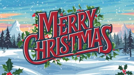 Festive Merry Christmas Sign with Winter Landscape
