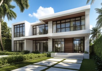 Fototapeta premium Modern two-story house design with a square shape, white walls, and wood accents, large windows for natural light, a spacious exterior with concrete or wooden facades