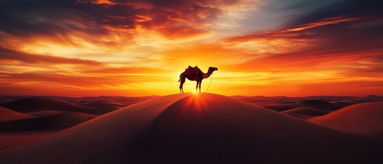 Fototapeta premium Camel silhouette standing on a sand dune in the desert during a dramatic golden sunset.