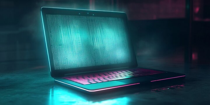Computer engineers create software for computers, phones, and tablets.  Software developers write code to make these programs work. The image shows a futuristic laptop with glowing code on the screen.