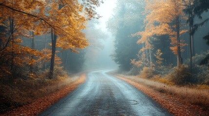 A winding road through a foggy forest in autumn with vibrant golden leaves