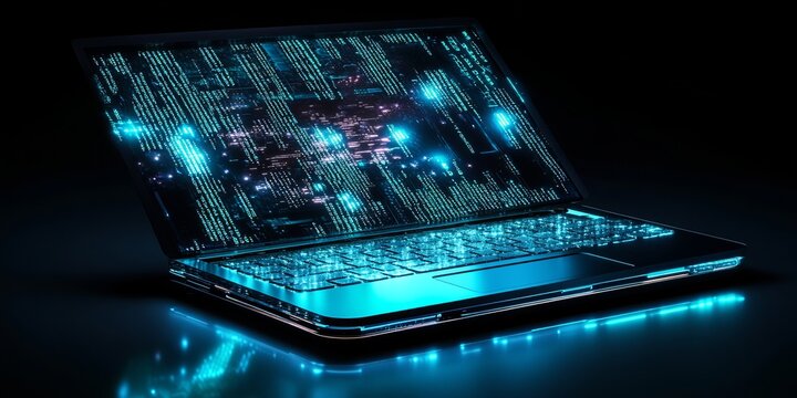 Computer engineers create software for computers, phones, and tablets.  Software developers write code to make these programs work. The image shows a futuristic laptop with glowing code on the screen.