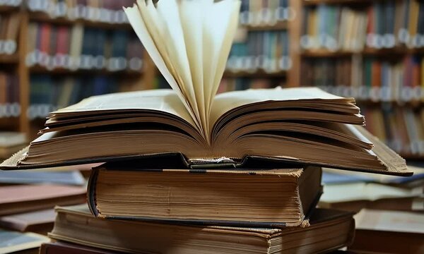 
A stack of books with an open book on top in front of the blurred background of library shelves, symbolizing knowledge and education. 