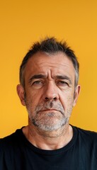 Obraz premium Middle-Aged Man with Skeptical Expression Against Vibrant Yellow Background for Editorial Use