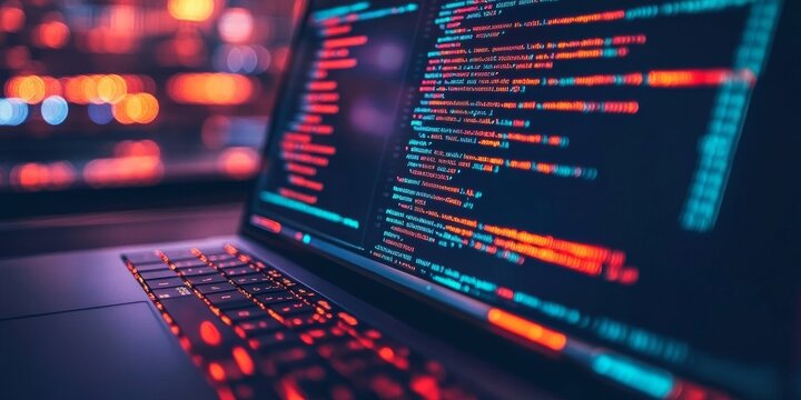Computer engineers create software for computers, phones, and tablets.  Software developers write code to make these programs work. The image shows a futuristic laptop with glowing code on the screen.