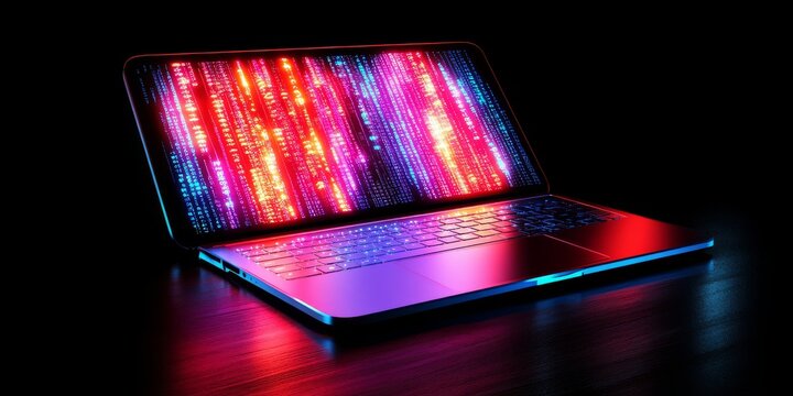 Computer engineers create software for computers, phones, and tablets.  Software developers write code to make these programs work. The image shows a futuristic laptop with glowing code on the screen.