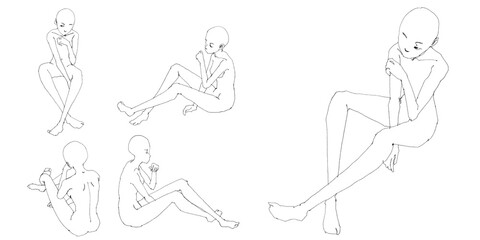 Stylized fashion female figure template, contour drawing for graphic design.
