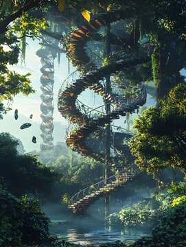 A Futuristic Spiral Bridge Winding Through a Lush Jungle Landscape