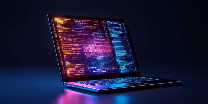 Computer engineers create software for computers, phones, and tablets.  Software developers write code to make these programs work. The image shows a futuristic laptop with glowing code on the screen.