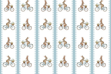 Seamless Watercolor Pattern of Easter Bunnies Riding Bicycles and Painting Easter Eggs - Cute Spring Illustration for Holiday Decor, Gift Wrap, and Festive Stationery