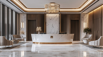 A luxurious office reception with marble floors