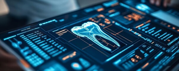 3D hologram tooth anatomy, futuristic dental exam, digital healthcare technology, neon blue digital display, modern medical innovation