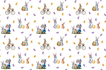 Seamless Watercolor Pattern of Easter Bunnies Riding Bicycles and Painting Easter Eggs - Cute Spring Illustration for Holiday Decor, Gift Wrap, and Festive Stationery