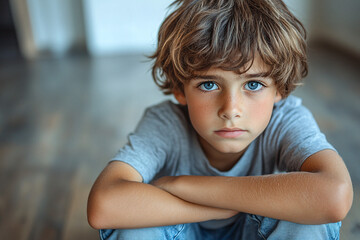 A young boy in a gray t-shirt and blue jeans sits on a wooden floor, conveying sadness and vulnerability. Ideal for parenting articles, mental health awareness campaigns,