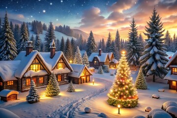 Charming Winter Village with Snow-Covered Houses, Festive Christmas Trees, and Cozy Atmosphere for Holiday Decor, Seasonal Celebrations, and Winter Wonderland Photography