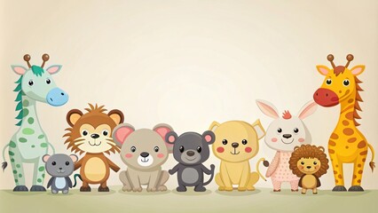 Naklejka premium Cute animals illustrated in various colors and poses on a light background, cute, animals, illustrated, colors, poses
