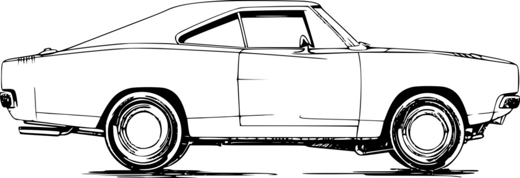recommend clip art: A vintage muscle car illustration, side view, black and white.