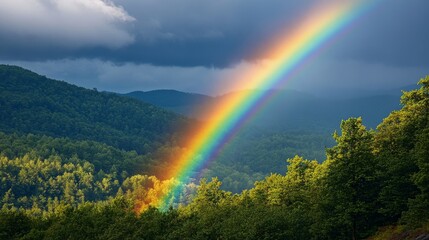 A brilliant rainbow pierces the grey sky, shining through the rain and creating a magical moment of color in the storm. vibrant rainbow, rainy sky