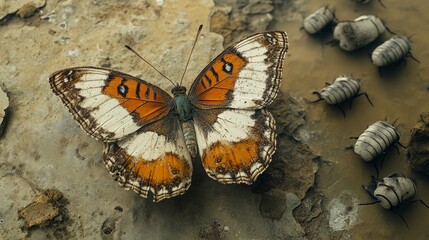 A butterfly with radiant wings soaring above dull, lifeless moths, its intricate patterns and bright hues a stark contrast to the muted surroundings