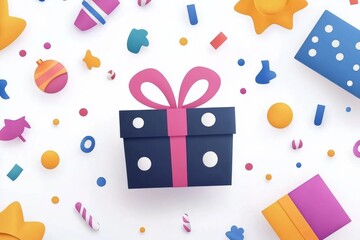 Colorful gift box surrounded by playful decorations, perfect for festive occasions and celebrations. Ideal for marketing and design projects.