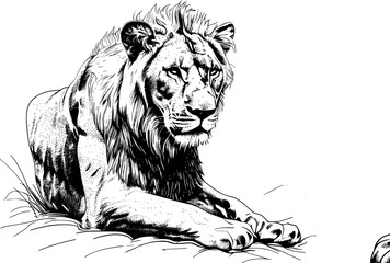 Black and white illustration of a lion lying down. (1)