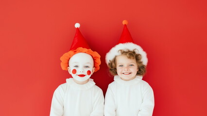 Fototapeta premium Two kids in santa hats and clown makeup on red studio background.