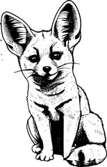 Close-up black and white illustration of a Fennec fox's head with large ears.