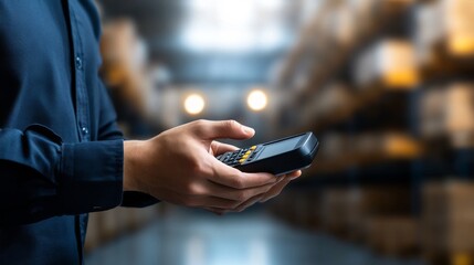 Warehouse worker using handheld scanner for inventory management