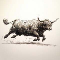 A dynamic sketch of a running Highland cattle, showcasing its distinctive features and flowing fur in a lively, artistic style.